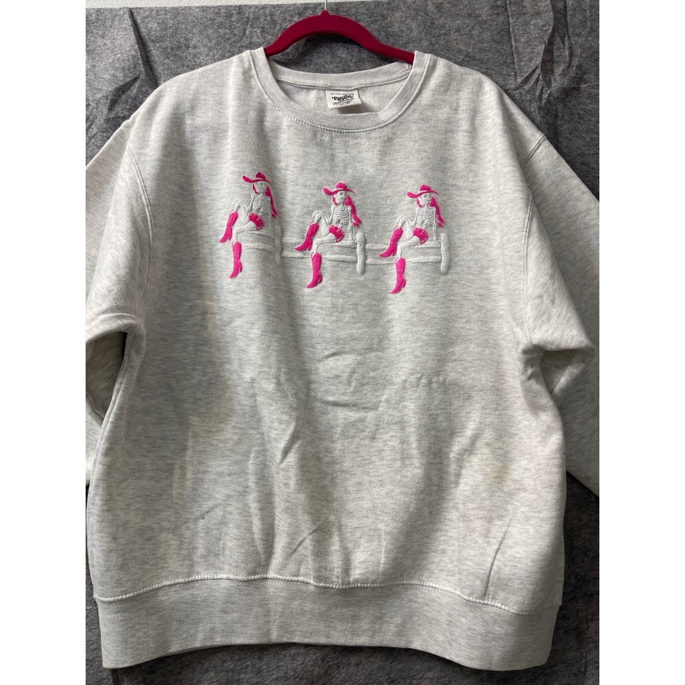 Pacific & Co Heather Gray Pink Skeleton Cowgirl Embroidered Sweatshirt XL - Picture 8 of 14
